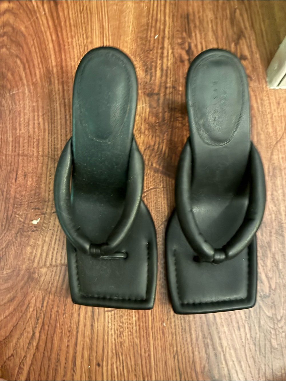 Zara Black Padded Square-Toe Thong Stick Heel Flip Flops